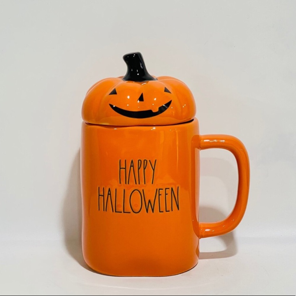 Rae Dunn HAPPY HALLOWEEN Orange Mug w/ Pumpkin Topper Cup NEW